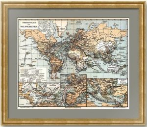 Старинная карта мировых путей сообщения. 1886г. Подарок почтовому служащему, логисту