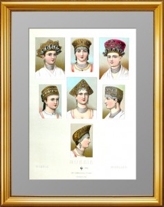Русские женские головные уборы (кокошники) 1880г. Старинная литография