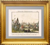 Осада русской крепости Нишлот шведами в 1788 году.  Антикварная музейная гравюра