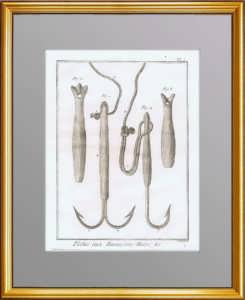 Рыбная ловля. 1776 г. Лист N7. Крючки и приспособления для ловли трески. Антикварная гравюра 
