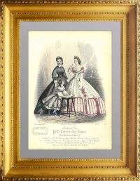 Женская и детская летняя мода. 1863г. Ручная акварельная раскраска. Старинная гравюра