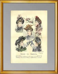 Дамские шляпки. Парижская мода. 1889 г. Антикварная гравюра. ВИП подарок женщине