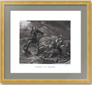 Петр I (Великий) в бурю на Ладожском озере. 1829г. Старинная гравюра - музейный экземпляр