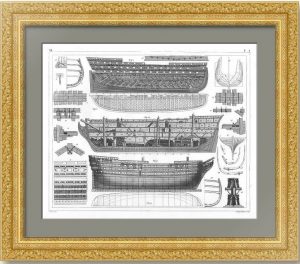 История флота. 1857г. Линейный парусный корабль XVIII века. Старинная гравюра