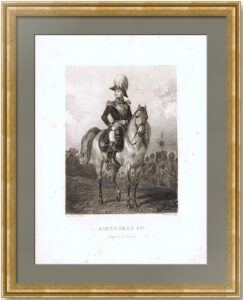 Александр I, Император России. 1845г. Старинный гравированный портрет на коне