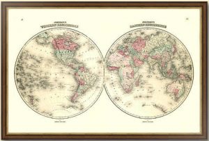 Полушария. Старинная карта Мира. 1864 г. Джонсон (45x70!)