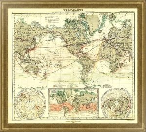 Карта Мира - океанические течения и межконтинентальные коммуникации. 1869г.