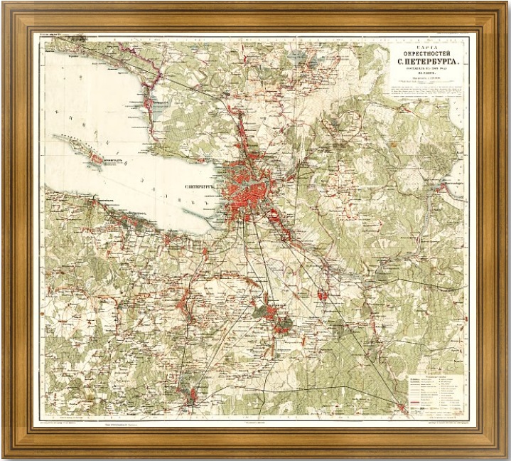 Санкт-Петербург с окрестностями. 1909г. Старинная карта (план) - купить вантикварном интернет-магазине