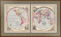 Мир (планисфера) - старинная карта двух полушарий. 1885г.