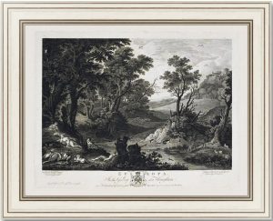 Пейзаж с отдыхающими нимфами (Европа). 1776г. Бриль. Музейный экземпляр. Гравюра.