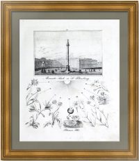 Александровская колонна в Петербурге и цветочные часы. 1844г. Старинная гравюра