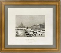 Петербург. Исаакиевский мост зимой. 1845г. Старинная гравюра - антикварный подарок