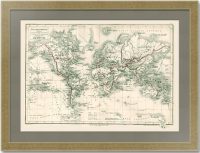 Великие географические экспедиции на карте Мира. 1868г. Антикварный подарок
