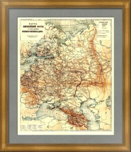 Карта Европейской России с показанием железных и шоссейных дорог. 1896 г. Издательство Гранат