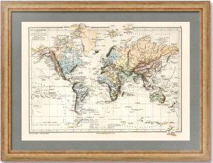 Карта Мира и Великие географические экспедиции. 1886г. Антикварный подарок в кабинет