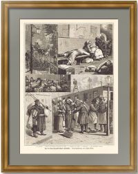 Варшавский вокзал в Петербурге - жанровые сцены. 1885г. Штейн. Антикварная гравюра