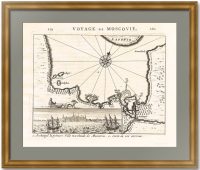 Архангельск, первый купеческий город Московии и карта Двинской губы. 1719г. Олеариус. Оригинальная гравюра.
