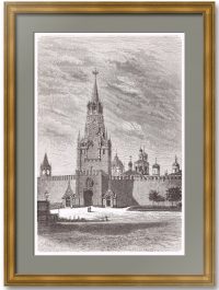 Спасская башня на Красной площади. 1872г. Лист 30x20. Старинная гравюра