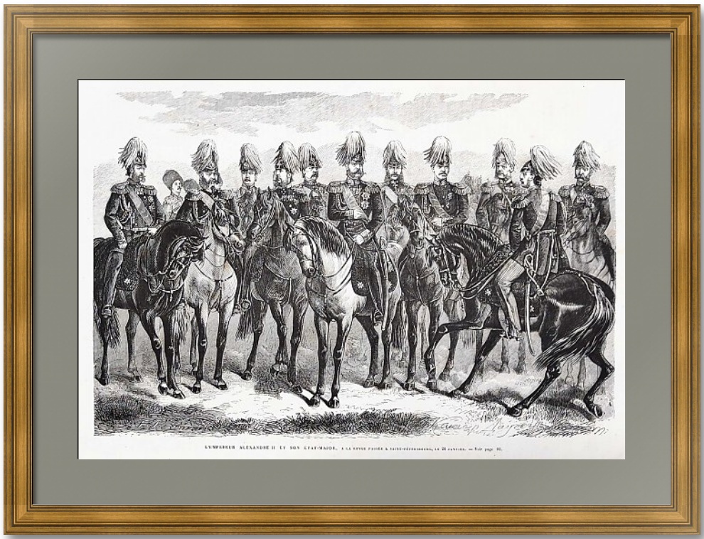 Александр II со свитой. 1874г. Тейхель, Брож/Даугель. Антикварная гравюра Александр II со свитой. 1874г. Тейхель, Брож/Даугель. Антикварная гравюра