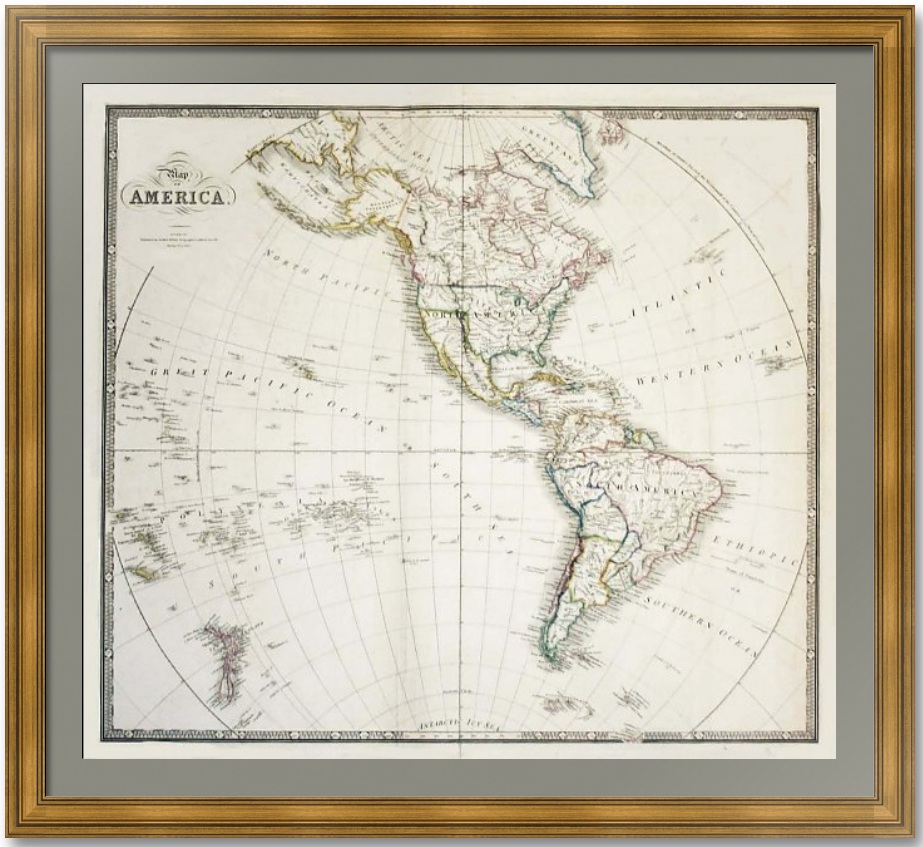 Америка северная и южная. 1850г. Старинная карта. Лист 58х75 Америка северная и южная. 1850г. Старинная карта. Лист 58х75