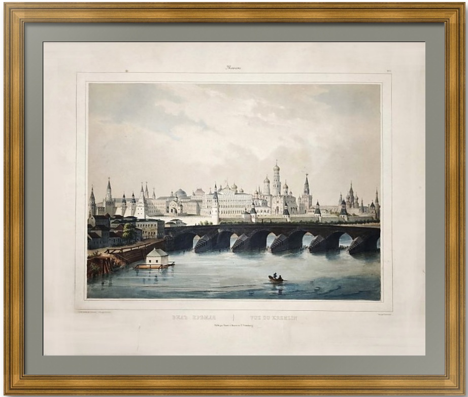 Вид Кремля и моста. Индейцев. Дациаро. 1840г. Редкая старинная литография. Лист 38x55. Вид Кремля и моста. Индейцев. Дациаро. 1840г. Редкая старинная литография. Лист 38x55.