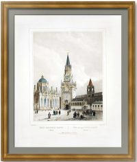 Вид Спасской башни в Москве. 1847г. Дациаро. Редкая старинная литография. Лист 38x55.
