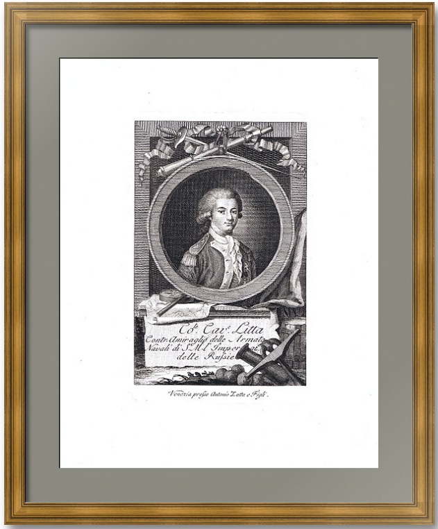 Литта, вице-адмирал Российского флота. 1790г. Затта. Старинная гравюра Литта, вице-адмирал Российского флота. 1790г. Затта. Старинная гравюра