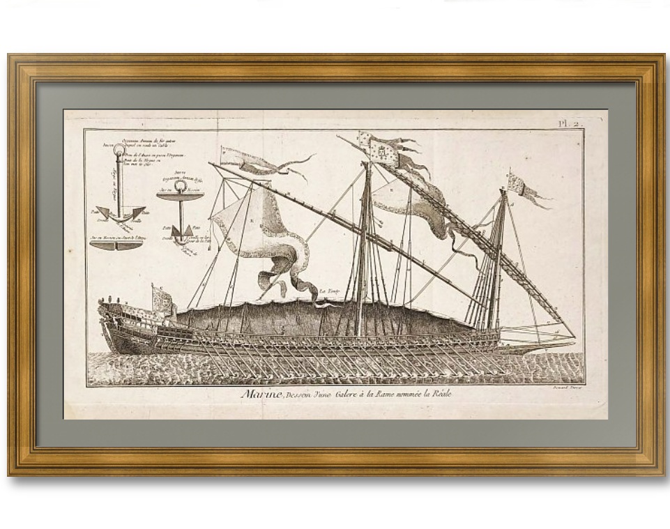 Галера "Ла Реаль". История кораблестроения. 1787г. Бенар. Антикварная гравюра Галера "Ла Реаль". История кораблестроения. 1787г. Бенар. Антикварная гравюра